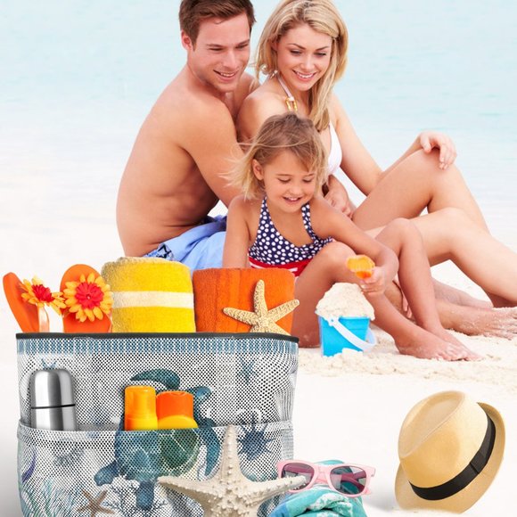 Large Sea Turtle Patterned 7 Pocket Mesh Sand-Proof Beach Bag - Picture 6 of 6